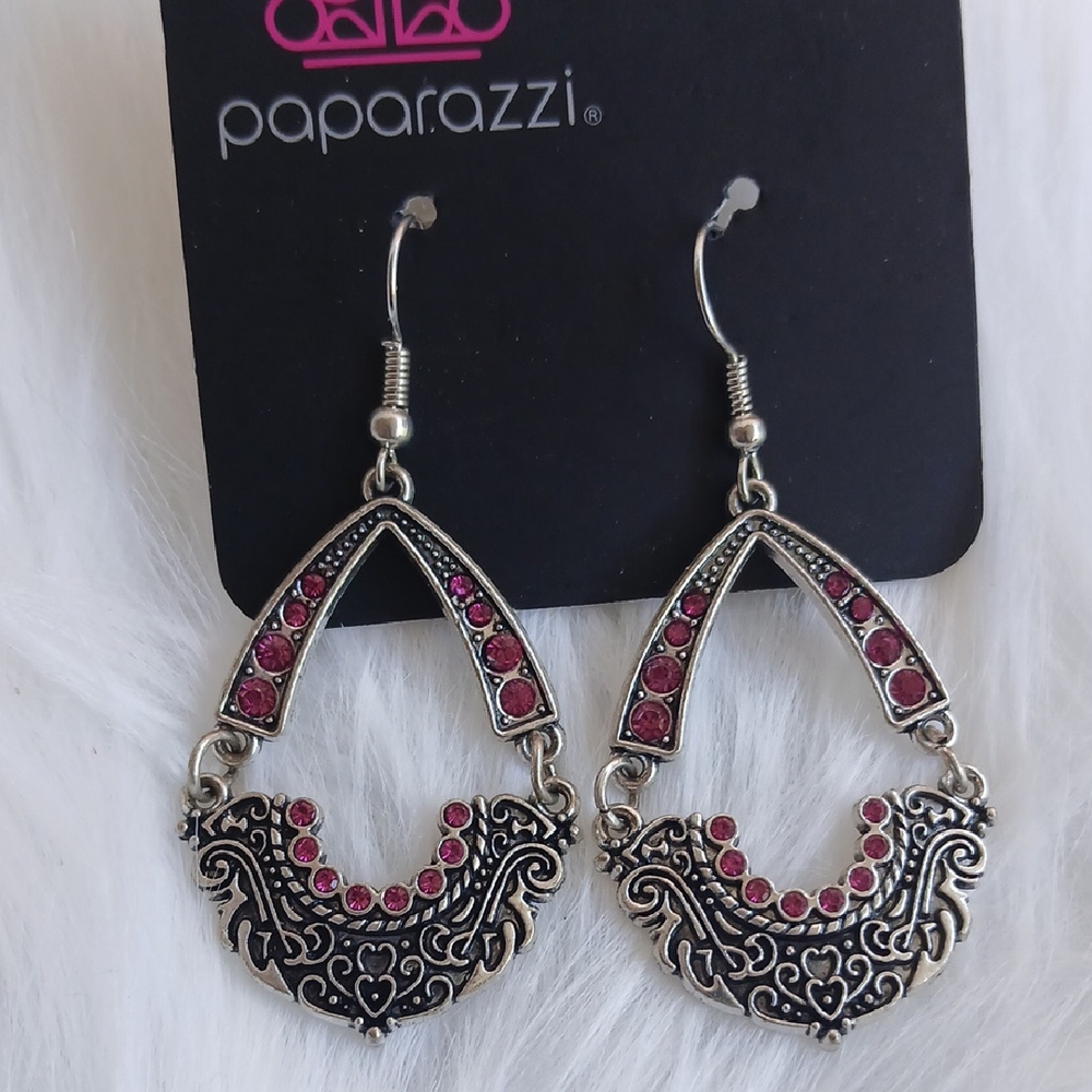 Paparazzi Silver Earrings with Pink Accents